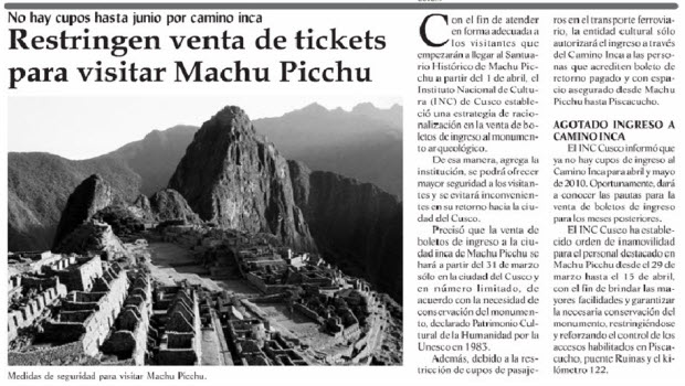Peru’s INC says it will limit sale of Machu Picchu tickets when rail service resumes