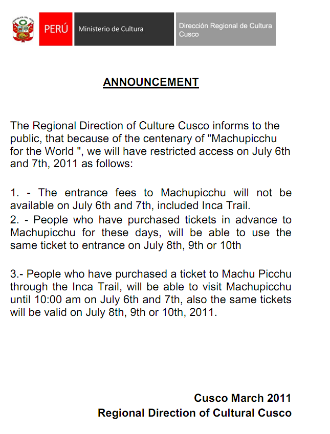 Machu Picchu will be closed July 6 & 7, 2011 for centennial celebrations