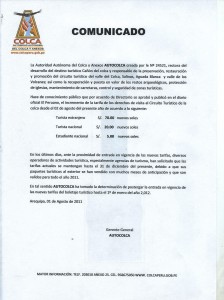 Colca Canyon Entry Price Increase Press Release