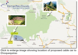 Click on image to enlarge map showing location of proposed cable car to Choquequirao...