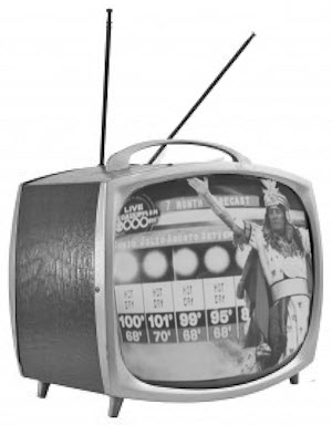 An Inca shamanic weather man exclaims about the seven-day forecast on an antique black and white television with rabbit ears. 