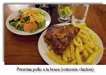 Peruvian pollo a la brasa, as emblematic to Peru as cebiche or pisco sours.