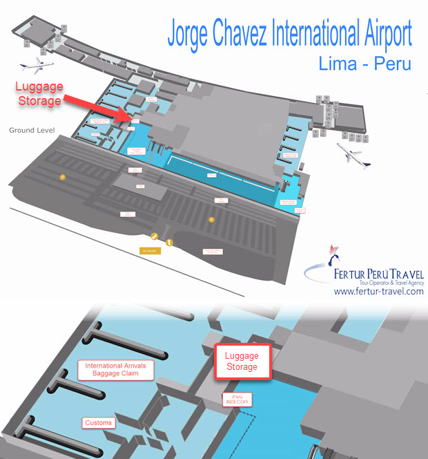 Graphic showing location of Left Luggage facility at Jorge Chavez International Airport in Lima, Peru