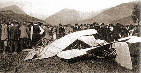 Jorge Chávez's plane after he successfully crossed the Alps, but lost control and crashed just 20 meters from the landing strip. 