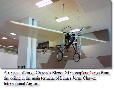 A replica of Jorge Chávez's Bleriot XI monoplane hangs from the ceiling in the main terminal of Lima's Jorge Chavez International Airport