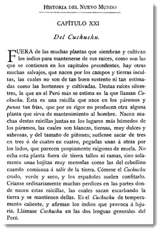 Barnabé Cobo, Historia del Nuevo Mundo, Chapter XXI: Cuchuchu