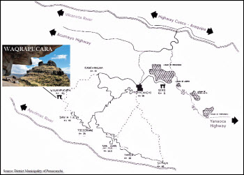 A map showing the location of Wakrapukara, past the Four Lakes district. lies the Inca temple fortress of 