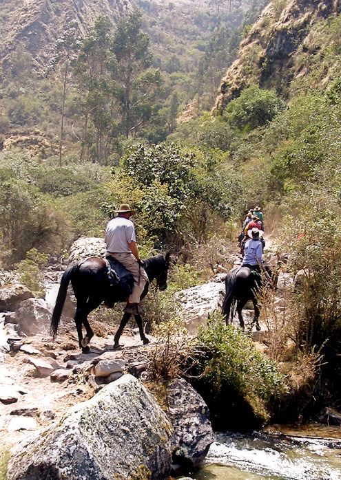 Ascending the mountain trail on horseback on the way to the Inca ruins of Choquequirao