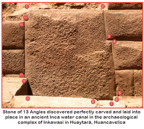 "Stone of 13 Angles" discovered perfectly carved and laid into place in an ancient Inca water canal in the archaeological complex of Inkawasi in Huaytará, Huancavelica, Peru