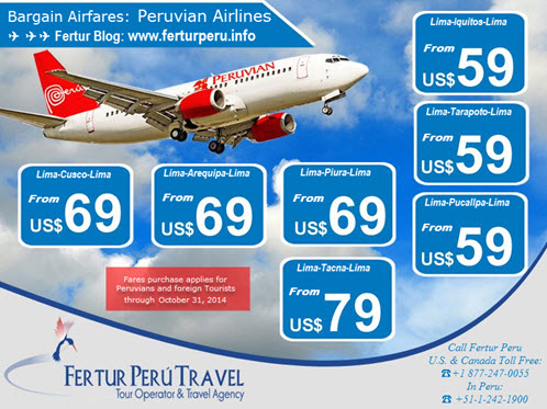 Cheap flights in October with Peruvian Airlines to Cusco, Arequipa, Iquitos, Tarapoto, Pucallpa and Tacna