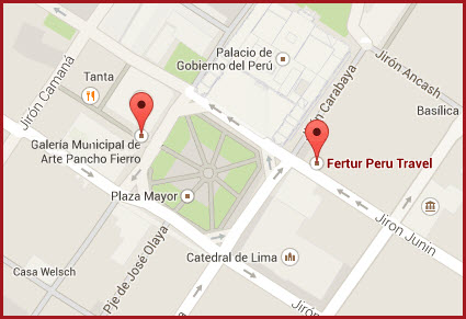Click to open Google Map showing Lima's historic downtown and the location of Fertur Peru Travel's office, and the Galería Municipal de Arte Pancho Fierro