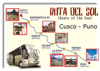 Ruta del Sol, or Route of the Sun, from Cusco to Puno. Travel in comfort with stops along the way for guided tours of Inca and pre-Inca archeaological sites, Andean attractions and to appreciate incredible scenic beauty.