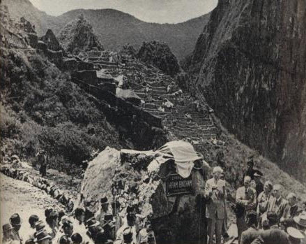 Hiram Bingham in October 1948 inaugurates the "Hiram Bingham Highway, 37 years after his scientific discovery of the ruins in 1911. 