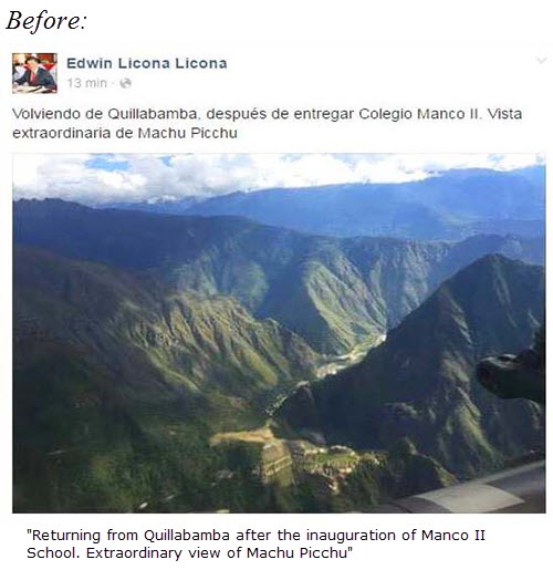 Cusco Regional Governor admires Machu-Picchu from presidential helicopter