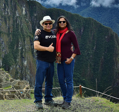 Said and Alphonsa Stephen give the 'thumbs up' at Machu Picchu during a tour with Fertur Peru Travel 