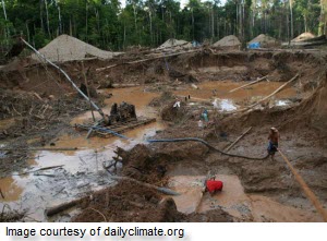 A newly paved road - and soaring gold prices - have triggered a Klondike-style gold rush in Peru's rain forest, choking waterways with sediment, and threatening the country's ability to preserve the forest via profitable carbon-offset deals. Photograph Â© Barbara Fraser.