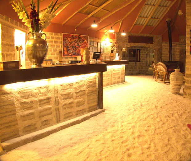 Hotel Luna Salada, remarkably constructed entirely of salt blocks from the Salar de Uyuni. 