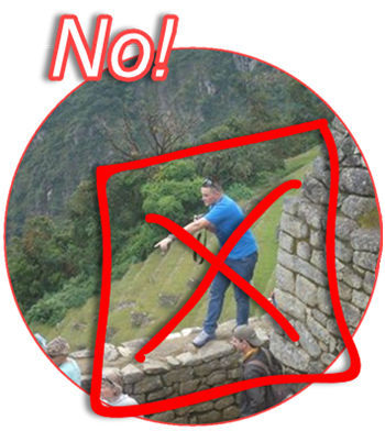 A misbehaving tourist demonstrates what how NOT TO BEHAVE during a tour of Machu Picchu. Be respectful of this World Heritage Site. 