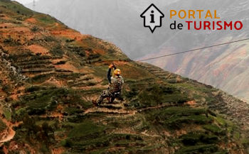 Man zip lining across a steep ravine in Cusco's Sacred Valley