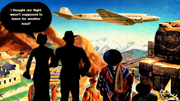 Befuddled cartoon tourists at Inca ruins watch their plane take off without them.
