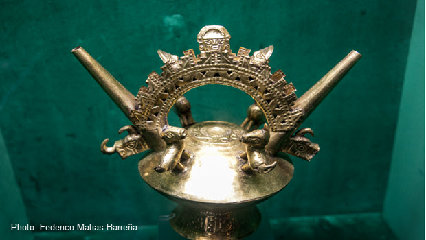 An Inca-era gold relic on display at the Gold Museum of Lima, Peru 