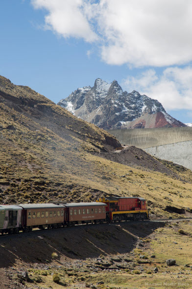 Huancayo-bound train approaches Ticlio and will soon cross the Continental divide at 15,681 f.a.s.l. in Peru's Central Andes. Photo: Fertur Peru Travel Â© Manuel Medir Roca