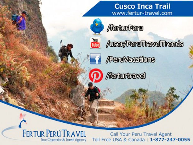 Three hikers descending the stone stairs around a mountain bend on the Inca Trail to Machu Picchu