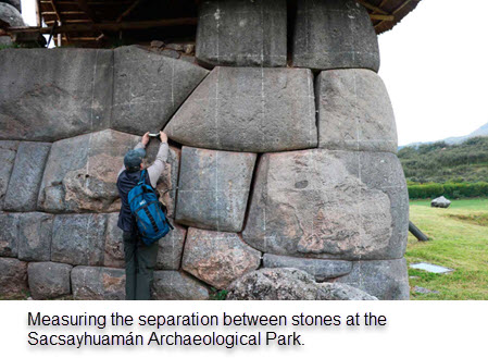A member of the Cusco-Pata Research Project measure the separation between stone blocks at Sacsayhuaman. 