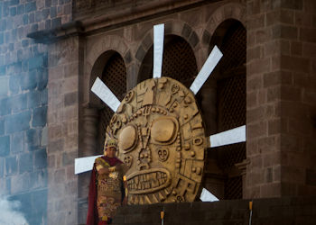 An actor playing the part of the Sapa Inca performs a reenactment of the Inti Raymi at the Coricancha in Cusco,  Peru.