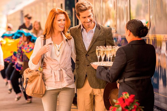 Welcome glass of sparkling wine while boarding the Hiram Bingham Train to Machu Picchu