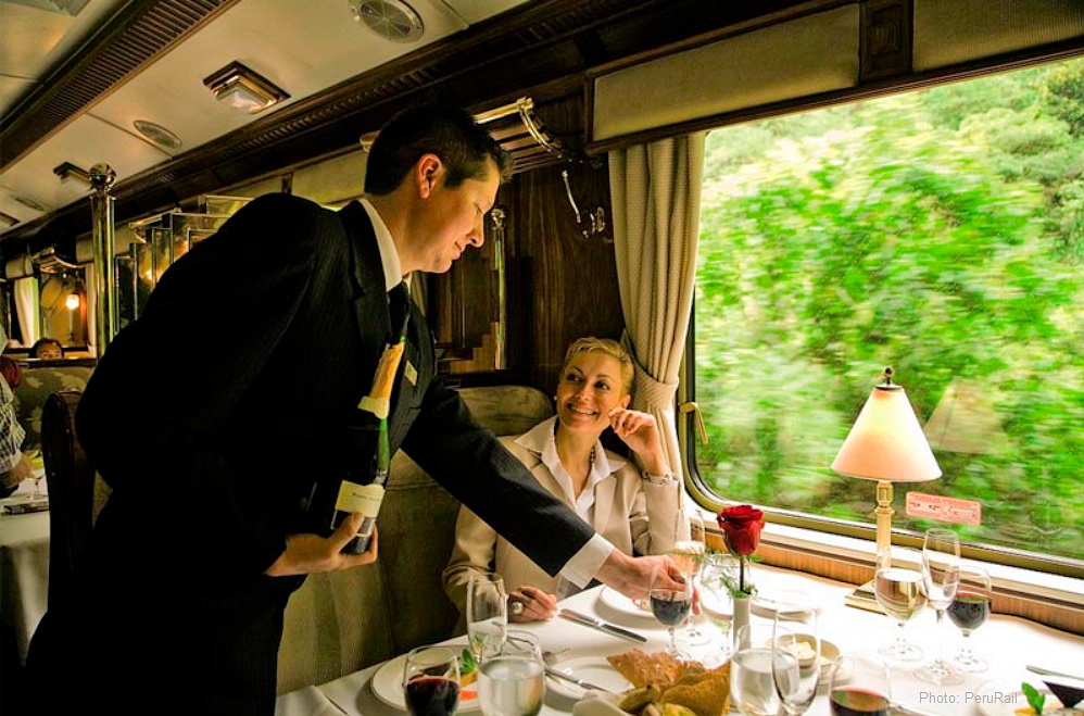 Gourmet dining on the Hiram Bingham train to and from Machu Picchu. 