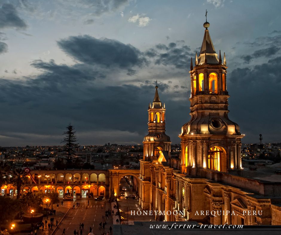 The Cathedral of Arequipa lit up at night. A  wondrous and romantic destination for a honeymoon in Peru. 