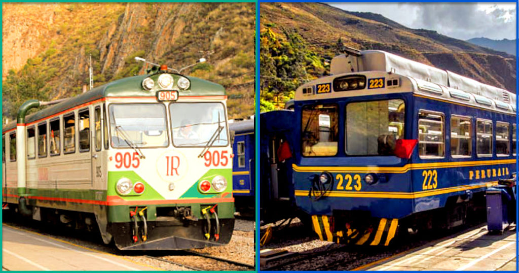 A collage image contrasting IncaRail 905 Train juxtaposed with PeruRail 223 Train. Both rail companies offer excellent services to and from Machu Picchu. 