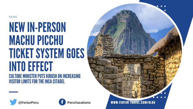 A banner for a news story about in-person Machu Picchu entry tickets and visitor limits. The featured photo is Huayna Picchu looming behind Inca stone buildings and doorway.