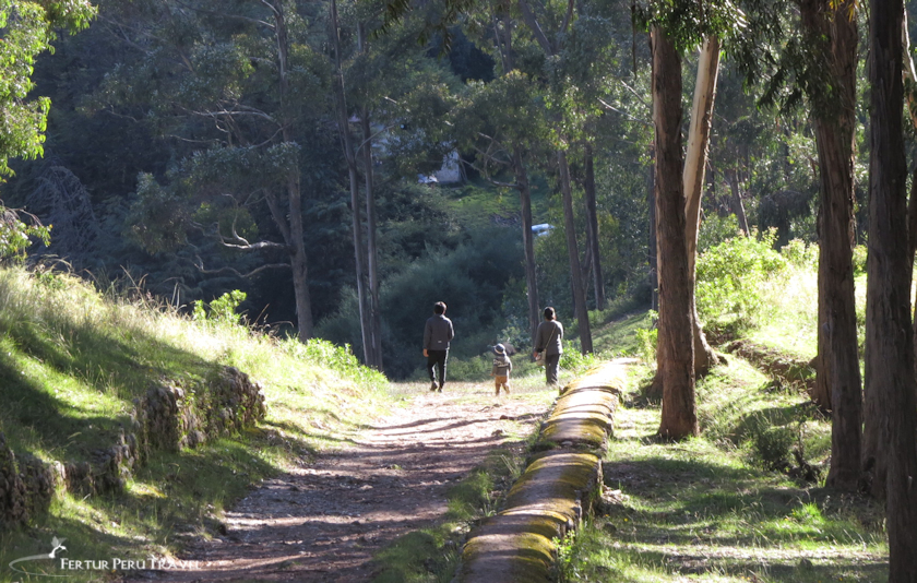A family strolls along an ancient section of the Qhapaq Ñan road system, heading into Cusco