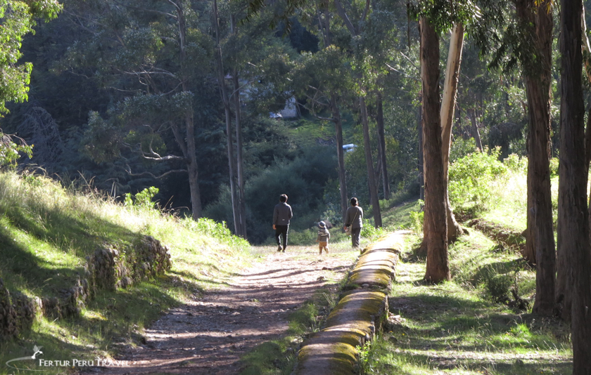 A family strolls along an ancient section of the Qhapaq Ã‘an road system, heading into Cusco
