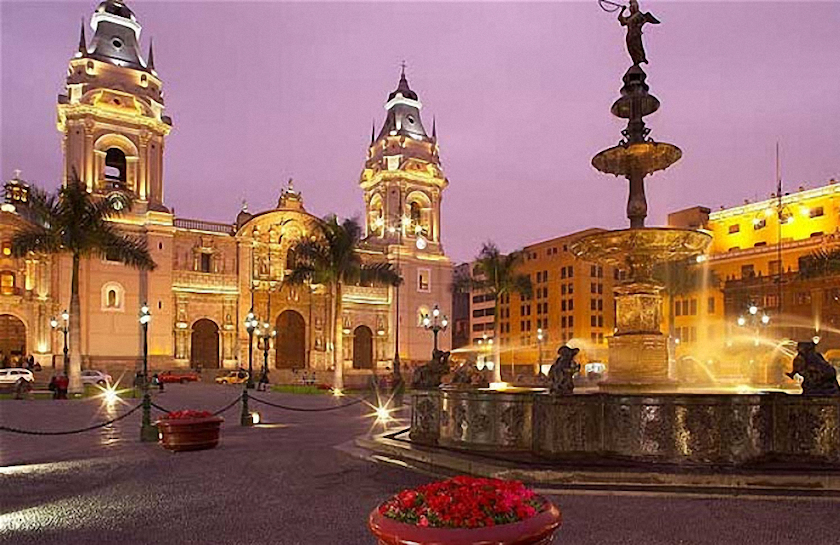 A fountain in front of the Lima Cathedral, a stunning example of Spanish colonial architecture. The cathedral was built in the 16th and 17th centuries and is one of the most iconic landmarks in Lima. The fountain is a popular spot for locals and tourists alike to relax and enjoy the city's vibrant atmosphere.