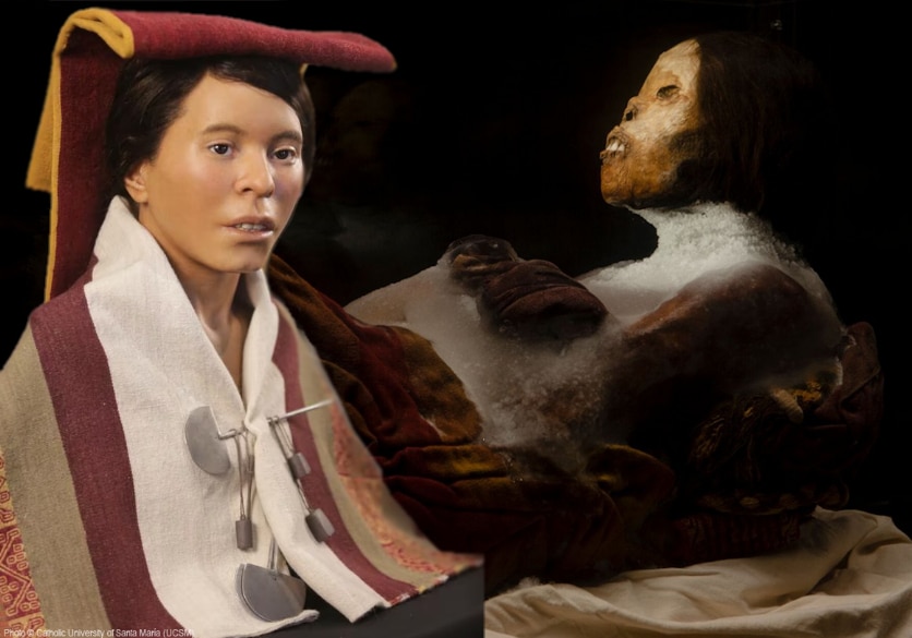 A photo of the forensically reconstructed likeness the Ampato Ice Maiden mummy Juanita juxtaposed with the actual mummy