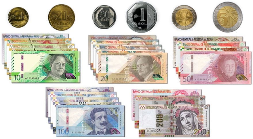 Infographic displaying Peruvian currency in coins (S/.1, S/.2 and S/.5) and bills (S/.10, S/.20, S/.50, S/.100 and S/.200)