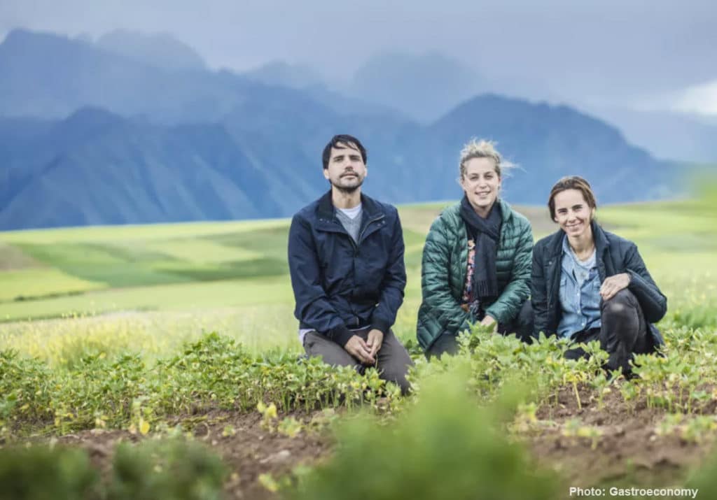 Peruvian chefs Virgilio Martinez, Pia Leon and Malena Martinez on the pampa near Moray, in Cusco's Sacred Valley