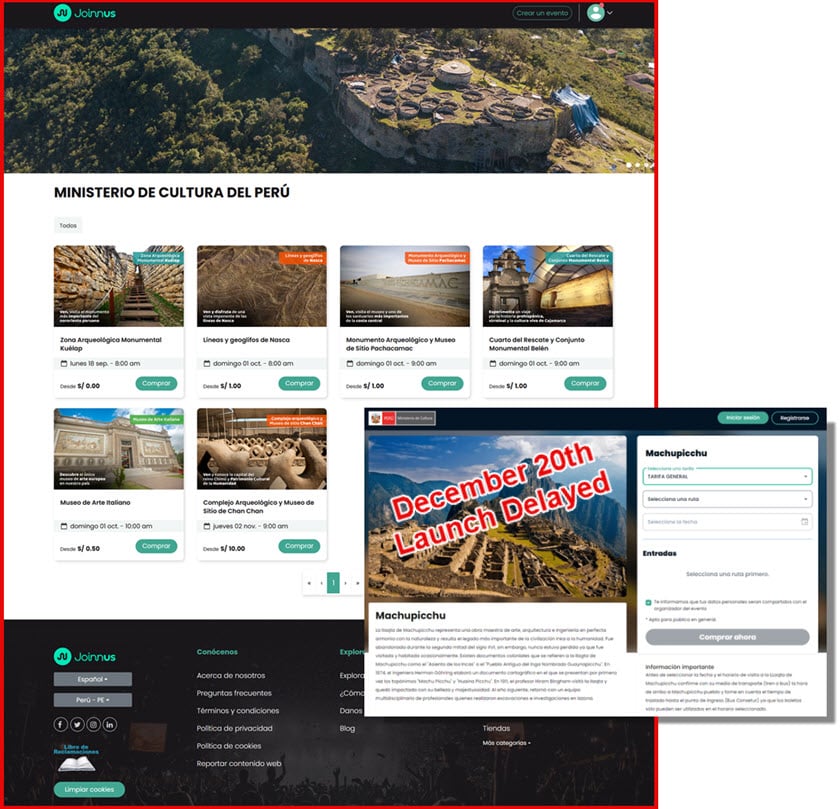 Graphic of Joinnus's Ministry of Culture platform that was supposed to start selling Machu Picchu entry tickets on Dec. 20, 2023.  