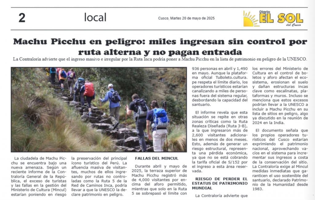 Local coverage in Daily El Sol of Cusco newspaper about excess tourists allowed into Machu Picchu because of glitchy ticket system