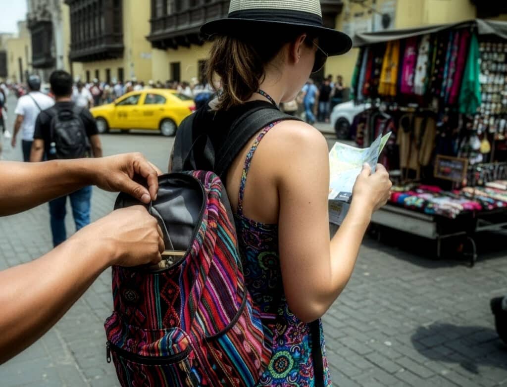 Recreated image depicting an unwary tourist having her valuables stolen from her backpack