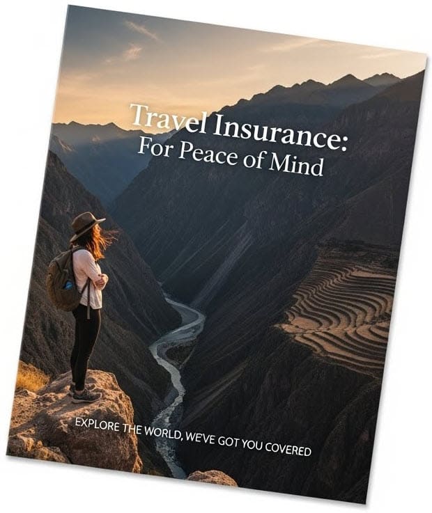 Travel insurance brochure depicting a woman looking out over a deep Andean valley across from a terraced mountainside