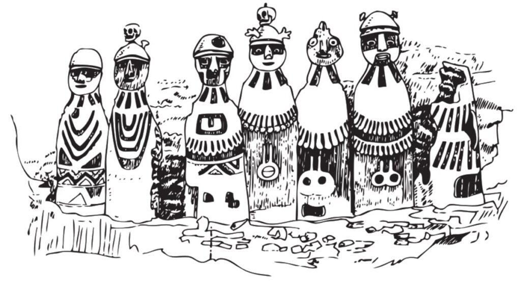1984 Karajía Expedition Sketch — Archaeologist Federico Kauffmann Doig's Drawing of the Chachapoya Sarcophagi, Peru | Peru Travel Blog Black and white ink sketch of the seven Karajía sarcophagi drawn by Peruvian archaeologist Federico Kauffmann Doig during the 1984 expedition that first documented the site, showing the anthropomorphic funerary figures with their distinctive decorated bodies, individual facial features, headdresses, skull offerings, and cliff face setting, Amazonas, Peru.