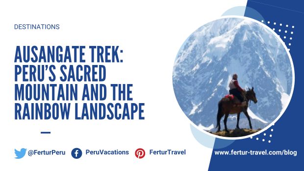 Fertur Travel blog banner for the Ausangate Trek article, featuring a rider on horseback silhouetted against the snow-capped Ausangate massif, with the title "Ausangate Trek: Peru's Sacred Mountain and the Rainbow Landscape"