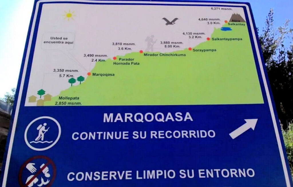 Salkantay Trek Altitude Profile Trail Sign at Marqoqasa — Route from Mollepata to Abra Salkantay, Cusco, Peru | Peru Travel Blog Official blue trail sign on the Salkantay Trek showing the altitude profile and distances from Mollepata (2,850 m) through Marqoqasa, Parador Hornada Pata, Mirador Chinchirkuma, Soraypampa, and Salkantaypampa to Abra Salkantay pass (4,640 m), with Mount Salkantay (6,271 m) towering above, Cusco, Peru