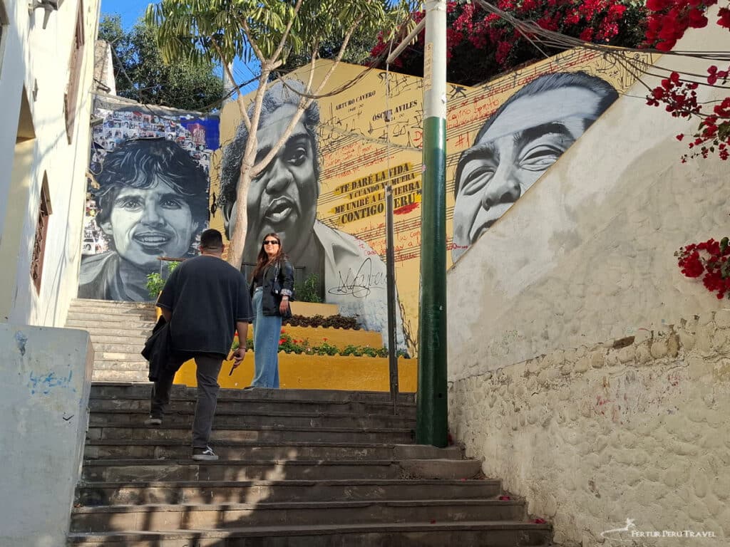 Escaleras de La Oroya Street Art Murals, Barranco, Lima | Peru Travel Blog Tribute murals to Pedro Suárez-Vértiz, icon of Peruvian rock, and música criolla legends Arturo "Zambo" Cavero and Óscar Avilés — known as La Primera Guitarra del Perú — on the Escaleras de La Oroya, part of the Mirador del Artista Barranquino street-art corridor in Barranco, Lima. Photo by Fertur Peru Travel.