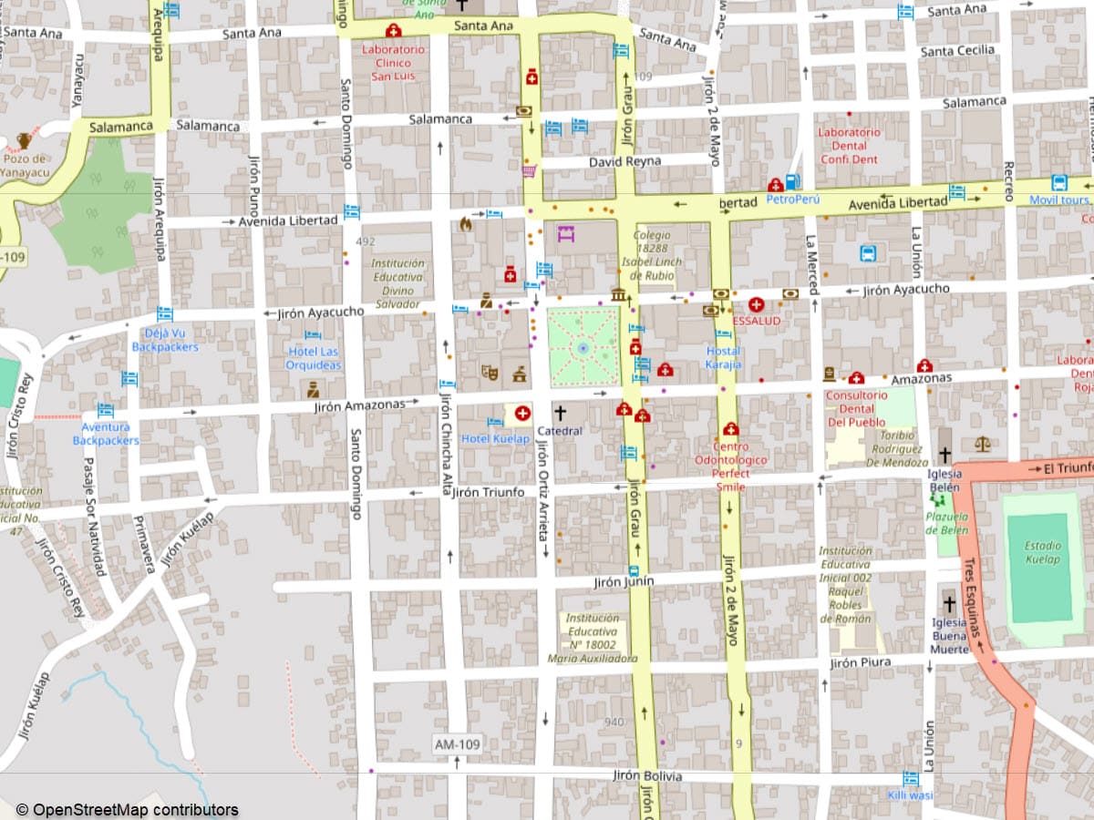 Street map of central Chachapoyas, Amazonas, Peru