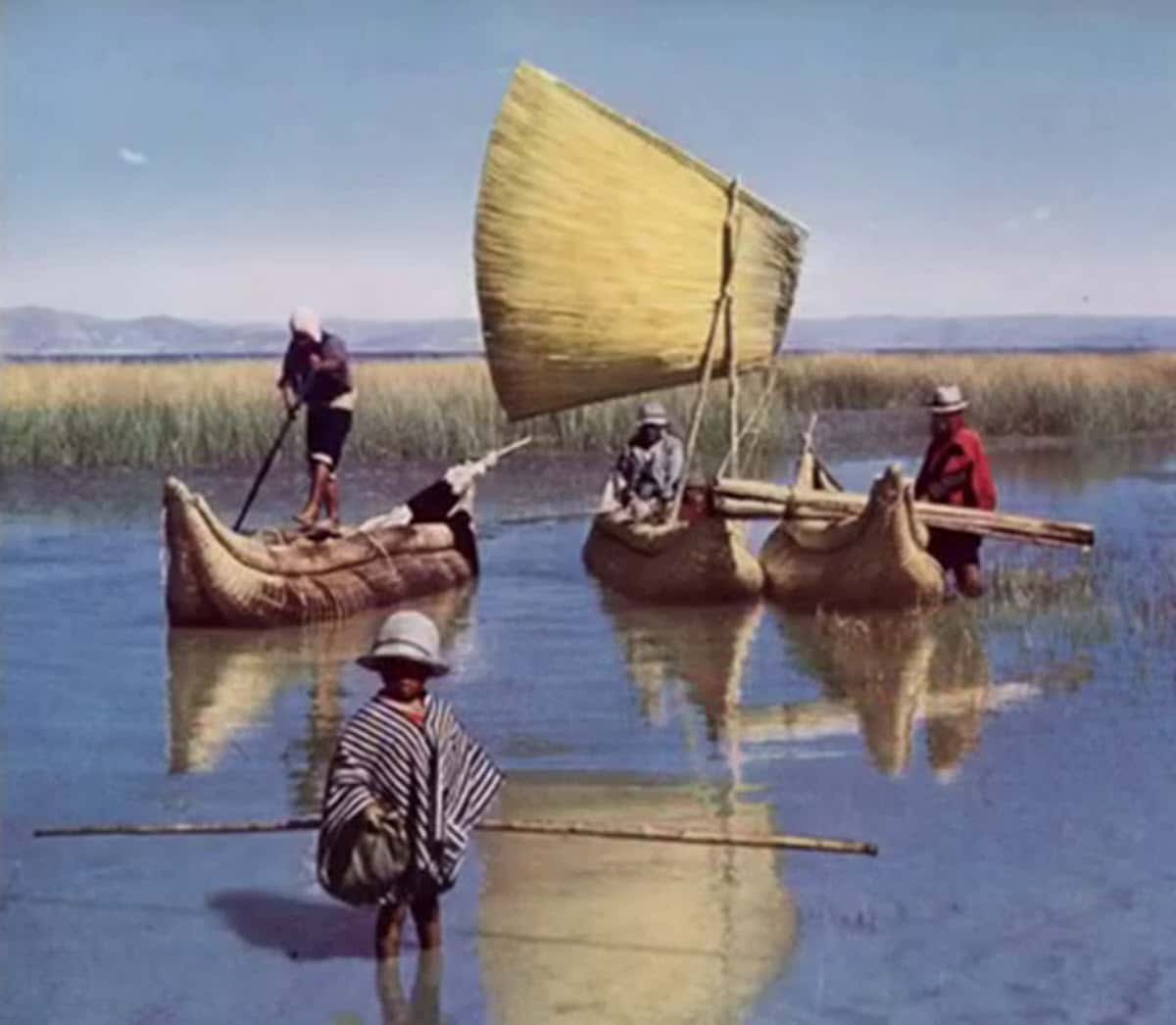 Aymara reed boats on Lake Titicaca circa 1950